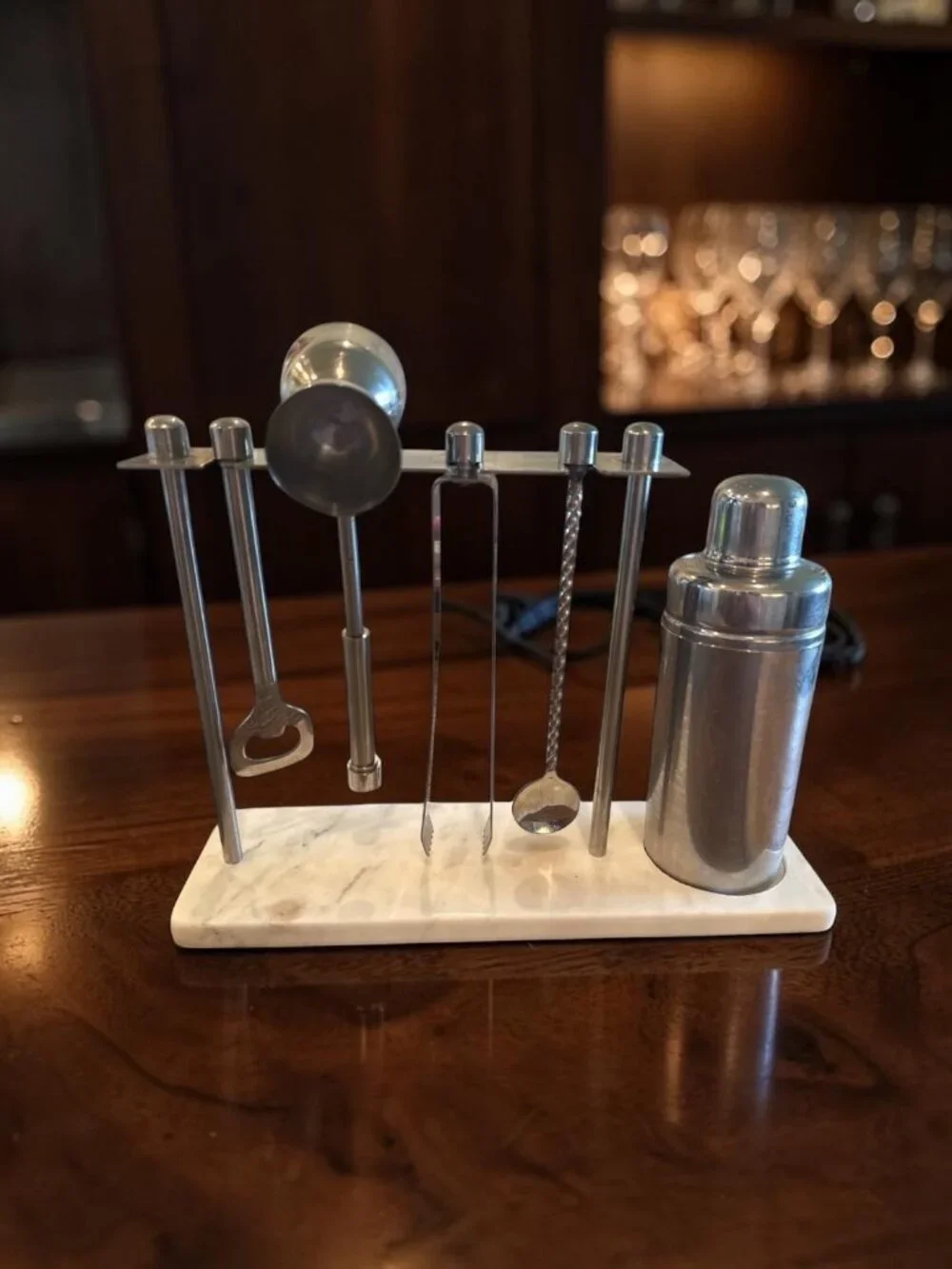 Vintage Stainless Steel Barware Set Marble Base Cocktail Shaker Bar Tools MCM